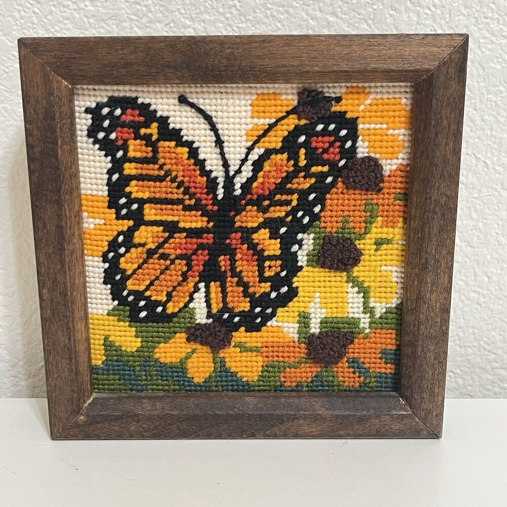 Vintage Monarch Butterfly Needlepoint Completed Art in Frame Wall Hanging